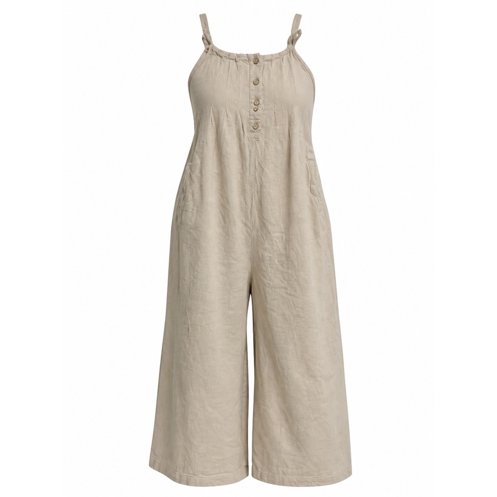 Wishlist Tan Linen‎ Blend Wide Leg Jumpsuit S Boho Coastal Pockets Granola